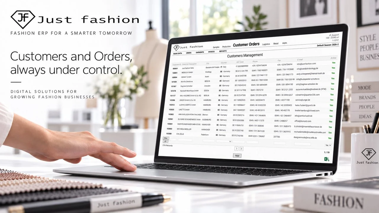 Just Fashion, Customers Management: list of customer records with VAT number, country, contacts and active status