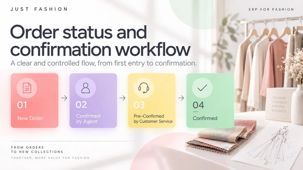Order progress statuses in Just Fashion: new order, pre-confirmation, customer service receipt, confirmation, in production