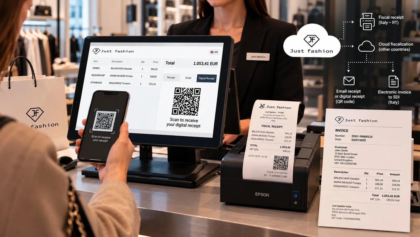 JF Retail at the till: digital receipt with QR code, printed receipt and invoice, fiscalisation on the RT printer in Italy or in the cloud in other countries