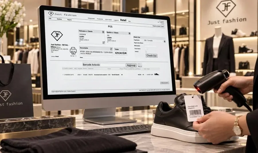 Just Fashion JF Retail at a store counter: sales screen with customer, document, total and check out, while the associate scans the barcode tag of a sneaker